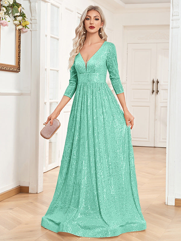 Vestito da sera formale con paillettes, scollo a V, vita alta