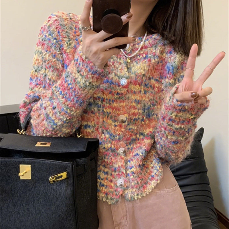 Retro Gentle Idle Style Knitted Rainbow Sweater