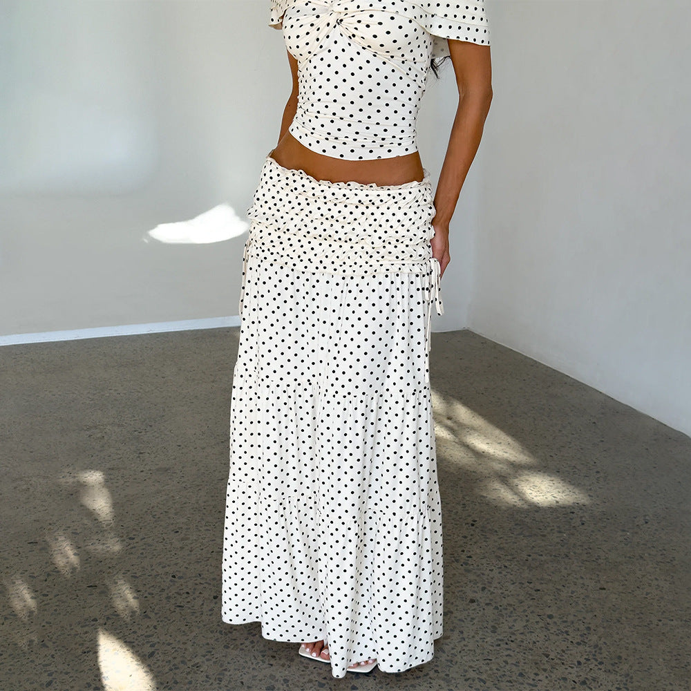 Polka Dot Skirt Set Cold Shoulder Top With A Boat Neckline And A Pleated Midi Skirt