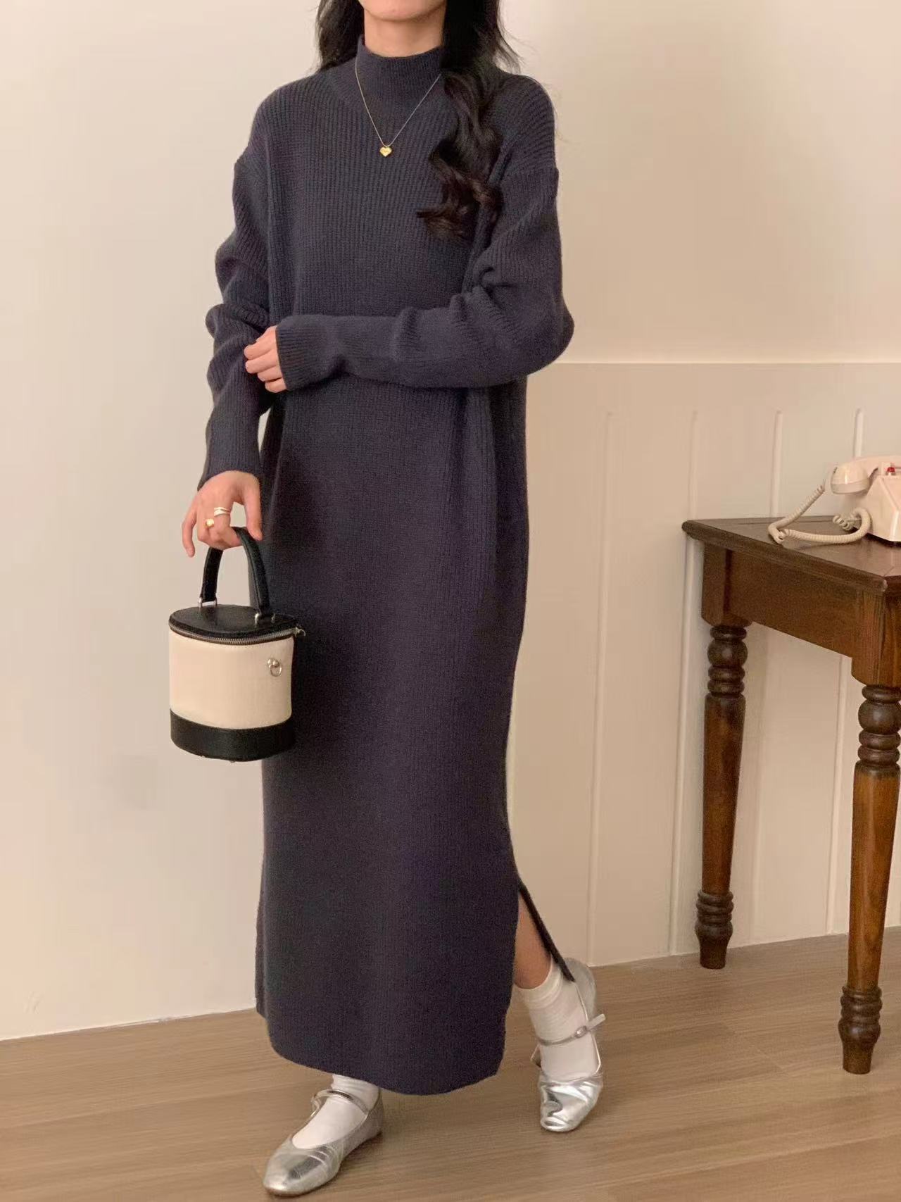 Half Turtleneck Base Knitting Dress Overknee Long