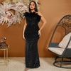 Abito da sera sexy da donna con paillettes nere e piume cucite