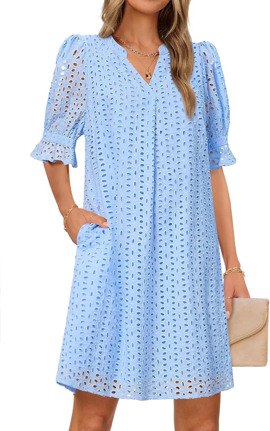 SpringSummer V Neck Pleated Collar Hollow Out Floral Lace Dress