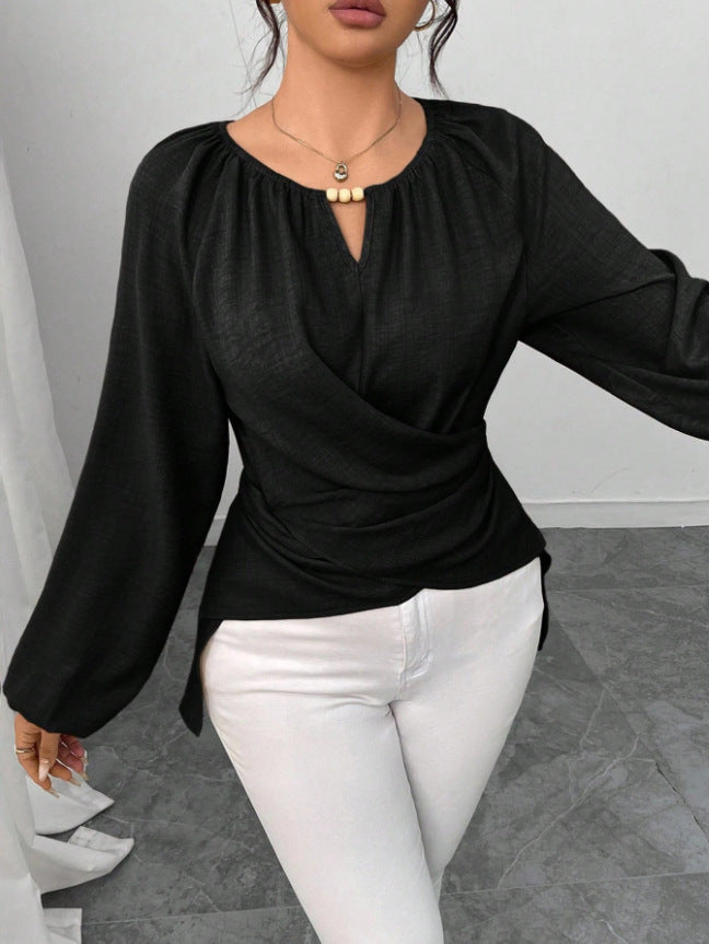 Womens Woven Long-sleeve Top With Tie Detailing And An Asymmetrical Hem