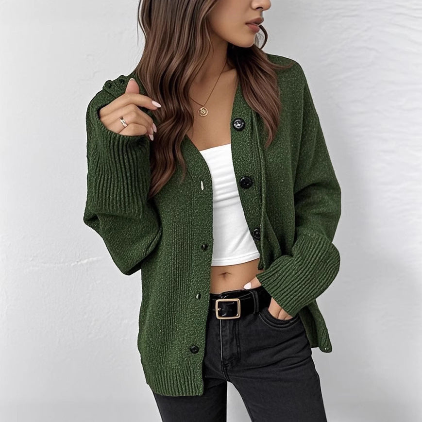 Women's Drawstring Knitted Solid Color Hooded Single-breasted Sweater