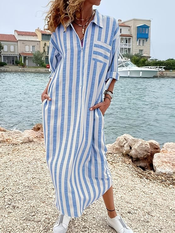 Womens Elegant Casual Loose-Fit Striped Long Shirt Dress