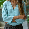 Loose Solid Color V-neck Nine Quarter Sleeved Cotton And Linen T-shirt