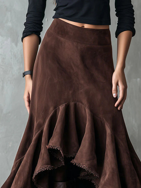 Western Brown High-Low Eco Suede Ruffle Maxi Skirt