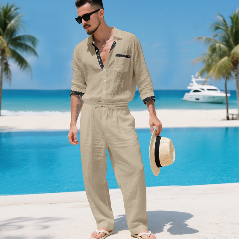 Set due pezzi camicia e pantaloni in lino da uomo