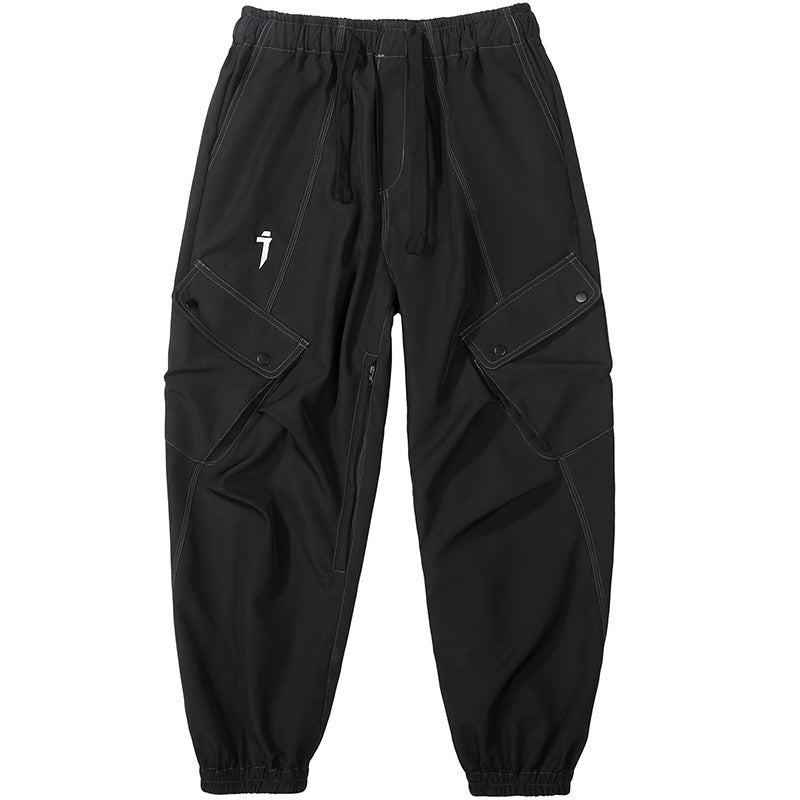 Contrast Color Line-pressing Multi-pocket Trousers Men's Loose Casual Pleated