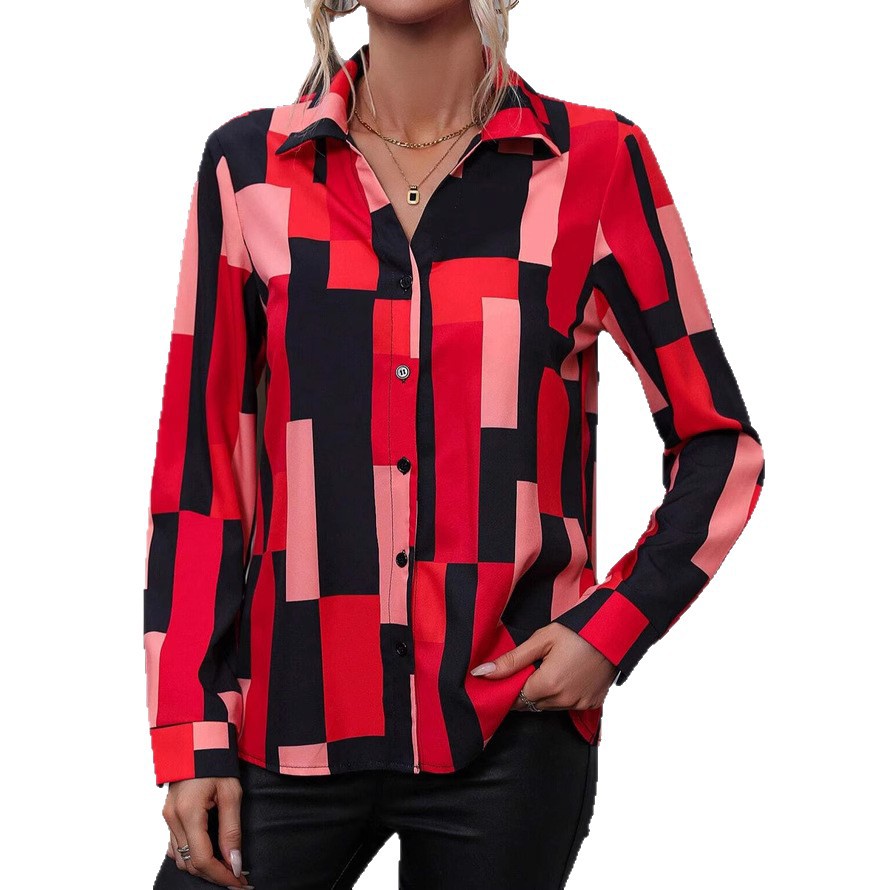 Blusa a maniche lunghe da donna versatile con stampa geometrica