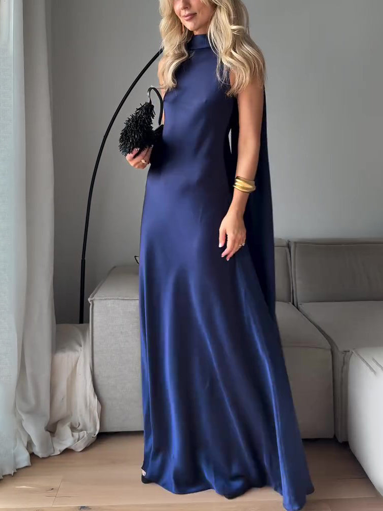 Vestito lungo in raso blu royal senza maniche
