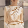 Camicia in raso da donna a maniche lunghe con scollo obliquo, stile coreano, versatile