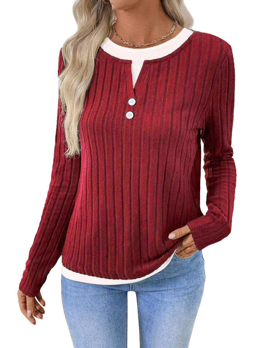 Women's Fake Two-piece Round Neck Button Pullover Grinding Sweater