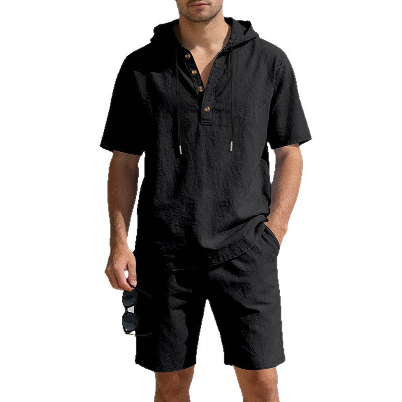 Completo casual da uomo in lino, ampio e traspirante con cappuccio