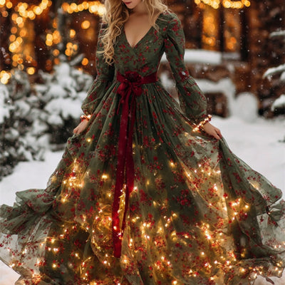 Long-sleeve Digital-print V-neck Maxi Dress