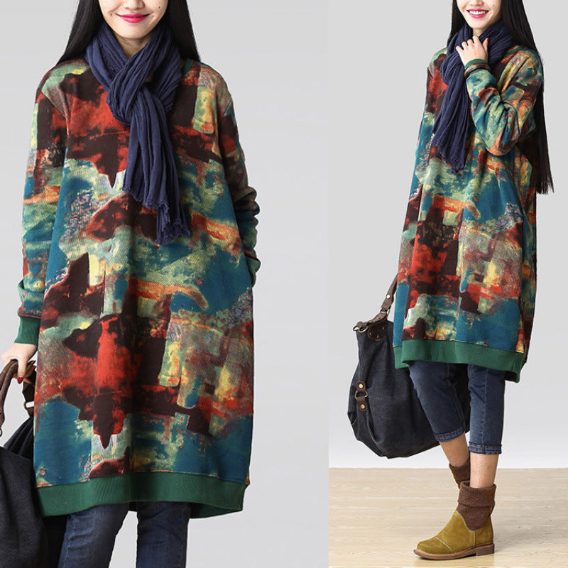 Abito casual a maniche lunghe stampato in cotone e lino, stile etnico retrò, per ragazze grasse