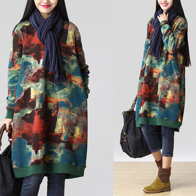 Loose Retro Fat Girl Ethnic Style Casual Cotton And Linen Printed Long-sleeved Dress