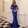 Vestito da sera sexy lungo con paillettes a maniche lunghe senza spalline
