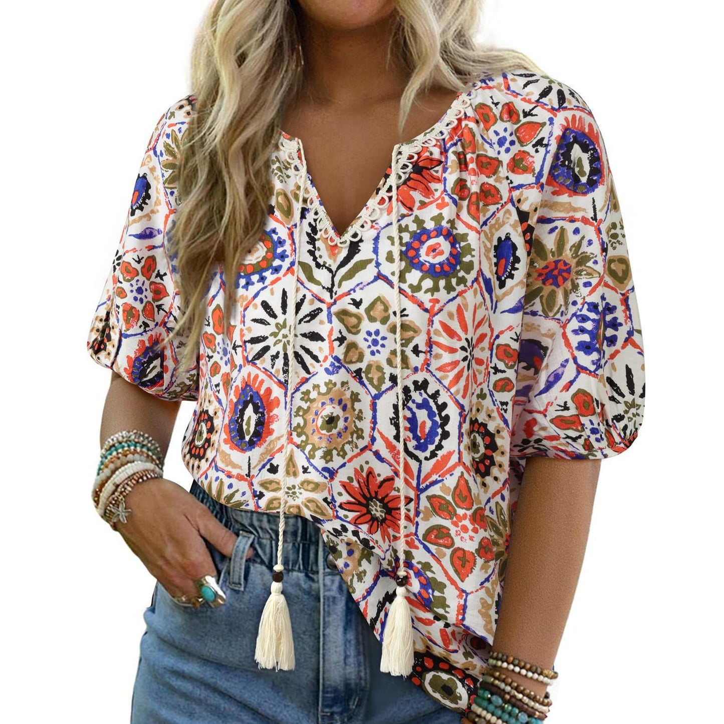 Bohemian Casual V-neck Short-sleeve Printed Blouse