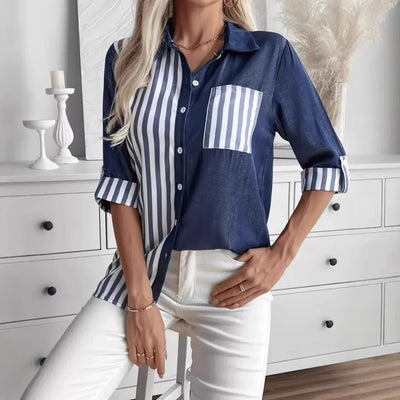 Womens Casual Striped Solid-Color Patchwork Lapel Shirt