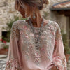 Top in lino ampio ricamato a rose, stile retrò bohémien