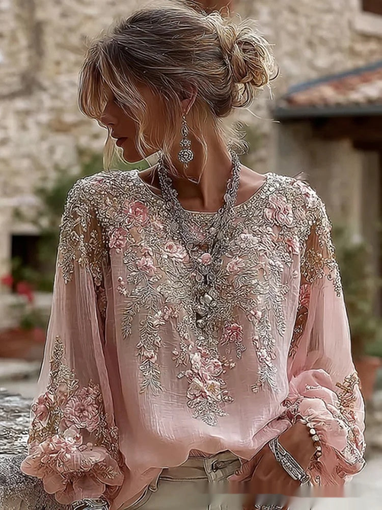 Top in lino ampio ricamato a rose, stile retrò bohémien