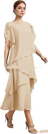 Womens Chiffon Loose Belly-Covering Layered Ruffle-Trim Dress