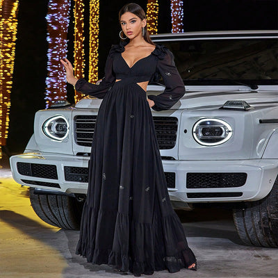 Abito elegante in chiffon con cuciture, abito da banchetto a vita media con ampia gonna a ruota