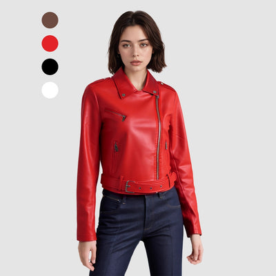 Lapel Short Belt Women's PU Simple Leather Jacket Motorcycle Jacket