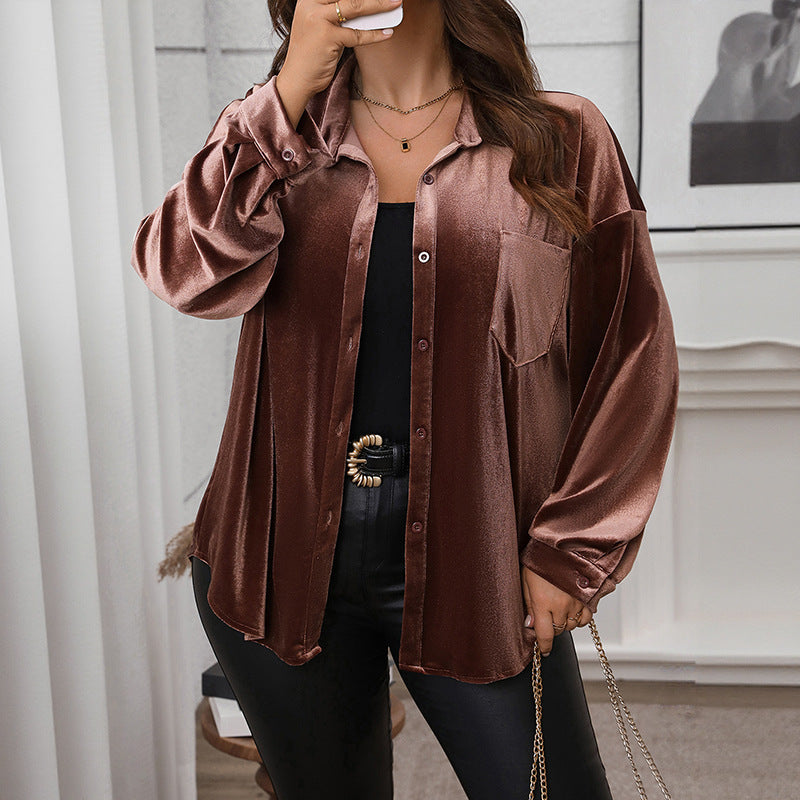 Casual Retro Style Velvet Loose Lapels Solid Color Plus Size Shirt