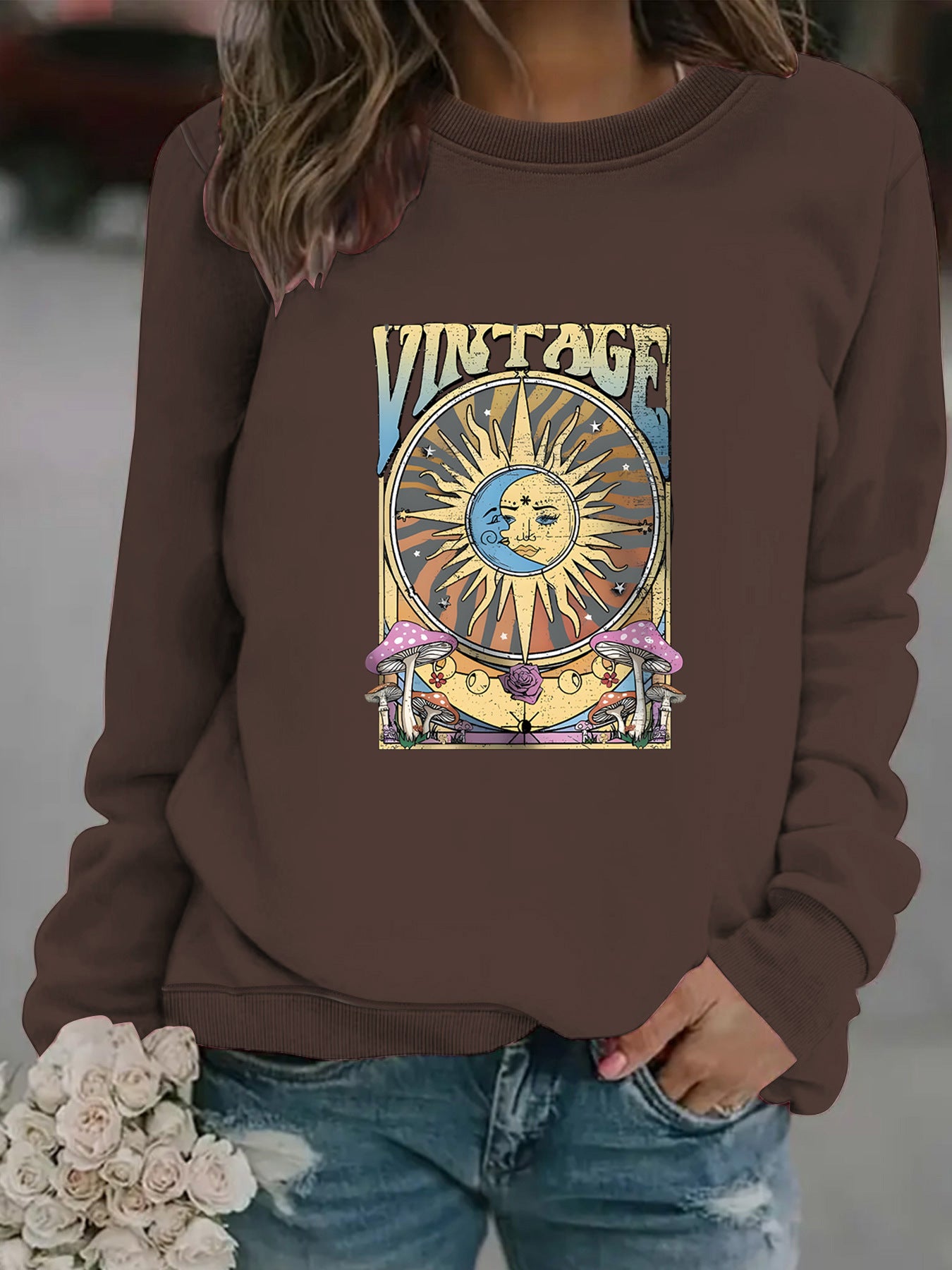 Felpa con cappuccio e stampa sole e luna, casual, a maniche lunghe, girocollo, da donna, autunno e inverno