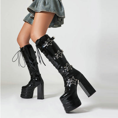 Plus Size Thick Heel Super High Heel High Leg Boot Five-pointed Star Locking Buckle Front Lace-up