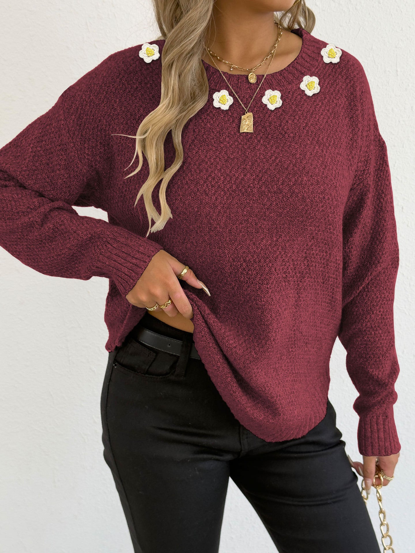 Women's Crochet Patchwork Round Neck Comfort And Casual Sweater