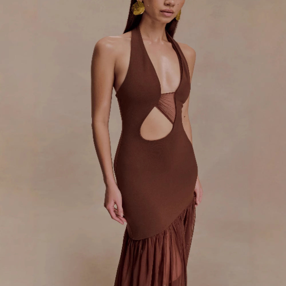 Body-hugging Backless Mesh-embellished Pleated Sexy Dress