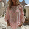 Top in lino ampio ricamato a rose, stile retrò bohémien