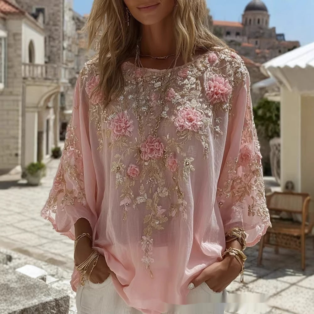 Top in lino ampio ricamato a rose, stile retrò bohémien