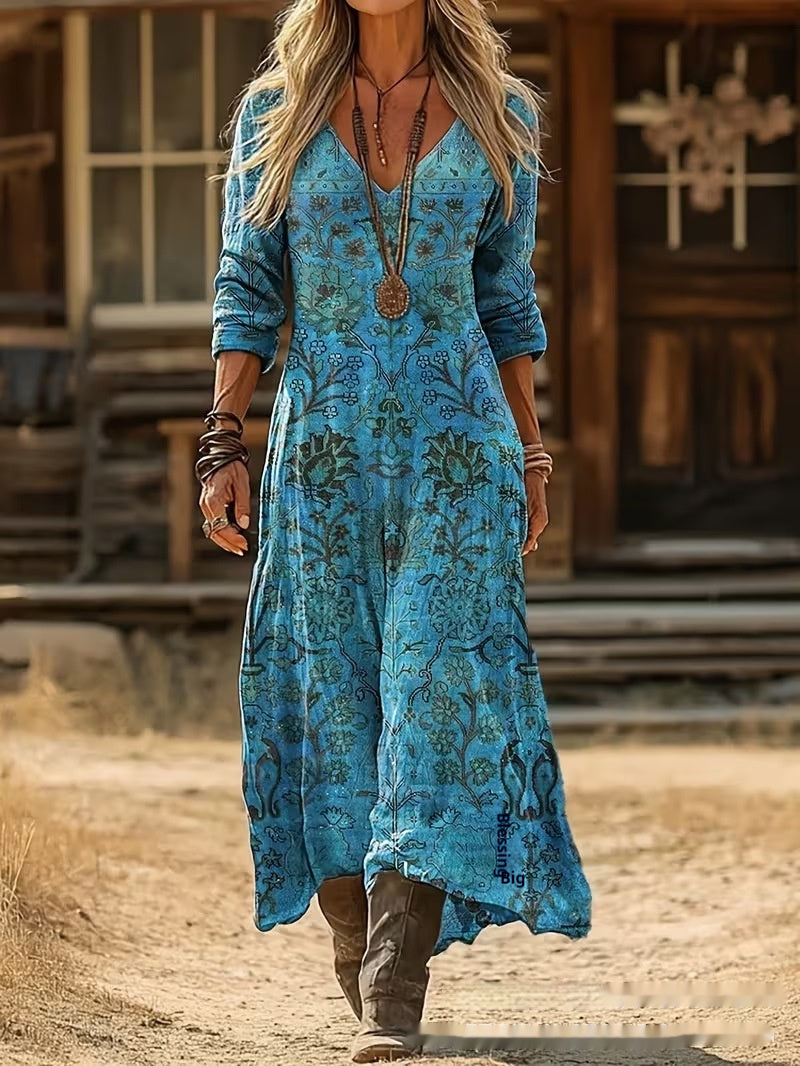 Womens 3D-printed V-neck Long-sleeve Dress