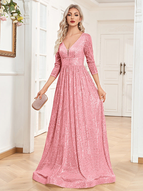 Vestito da sera formale con paillettes, scollo a V, vita alta