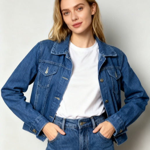 Giacca di jeans lavato da donna blu, vestibilità slim
