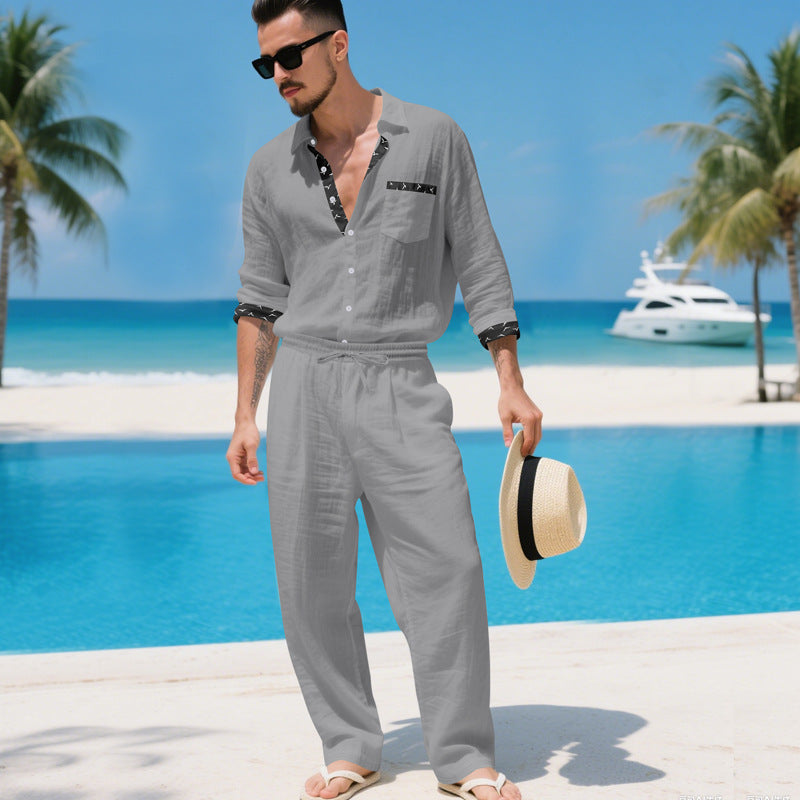 Set due pezzi camicia e pantaloni in lino da uomo