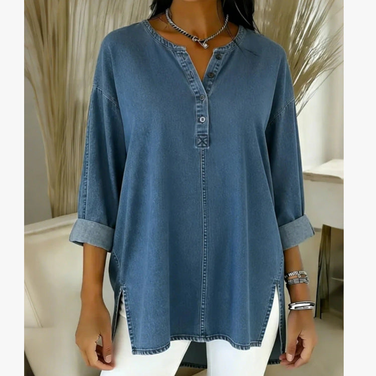 Washed Denim Irregular Long Sleeved Women's Shirt