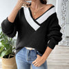 Color Contrast Patchwork Large V-neck Loose Pullover