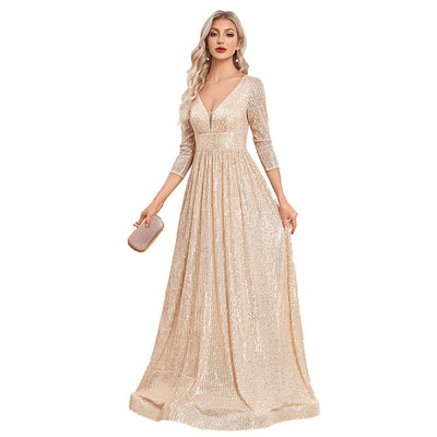 Vestito da sera formale con paillettes, scollo a V, vita alta