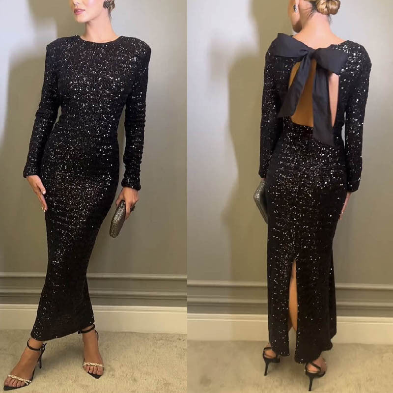 Abito da Sera Donna Autunno Inverno Sexy Scintillato Senza Schienale