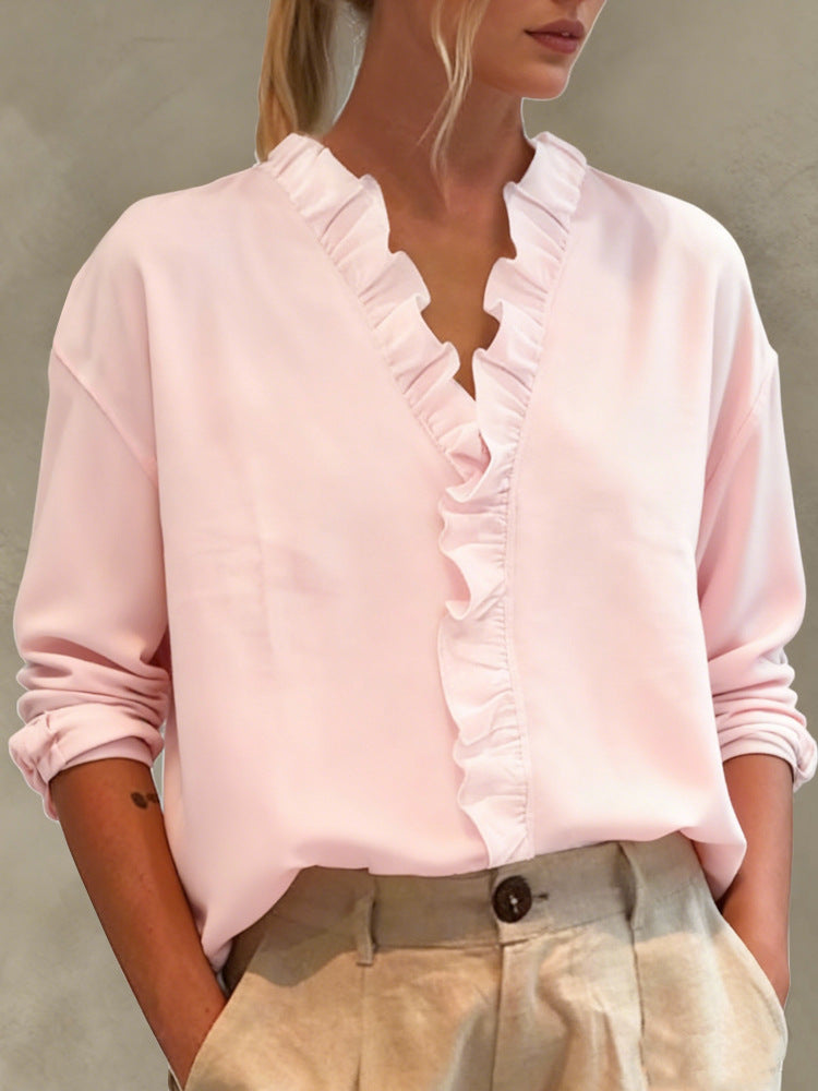 Camicetta da donna casual a maniche lunghe con scollo a V e bordo in pizzo