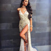 Abito con scollo a V sexy con paillettes e spalline all'americana