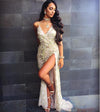 Abito con scollo a V sexy con paillettes e spalline all'americana
