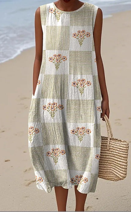 Pocketed Crew-neck Dress With Geometric And Floral Elements