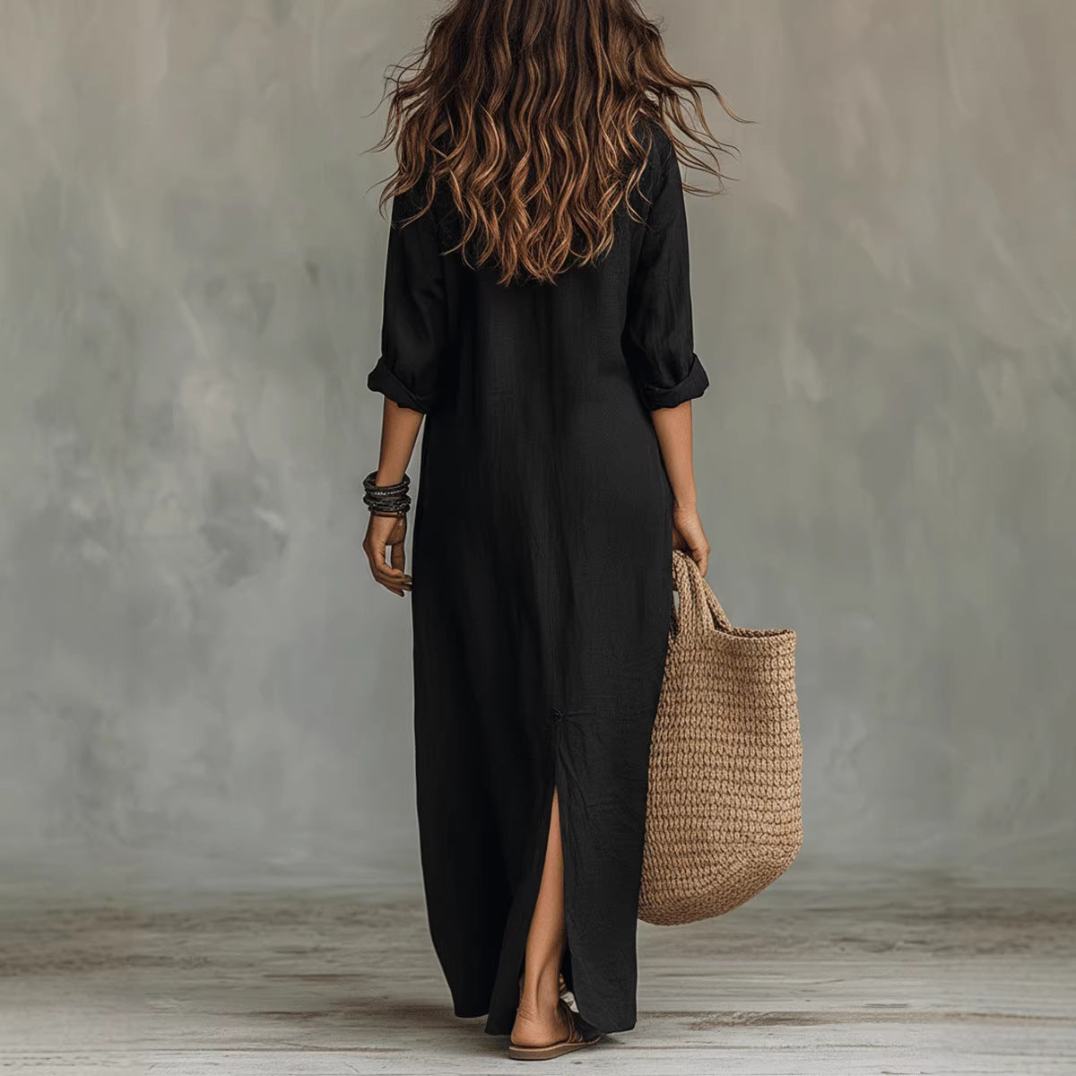 Casual Solid-color Lapel-front Slit Maxi Dress