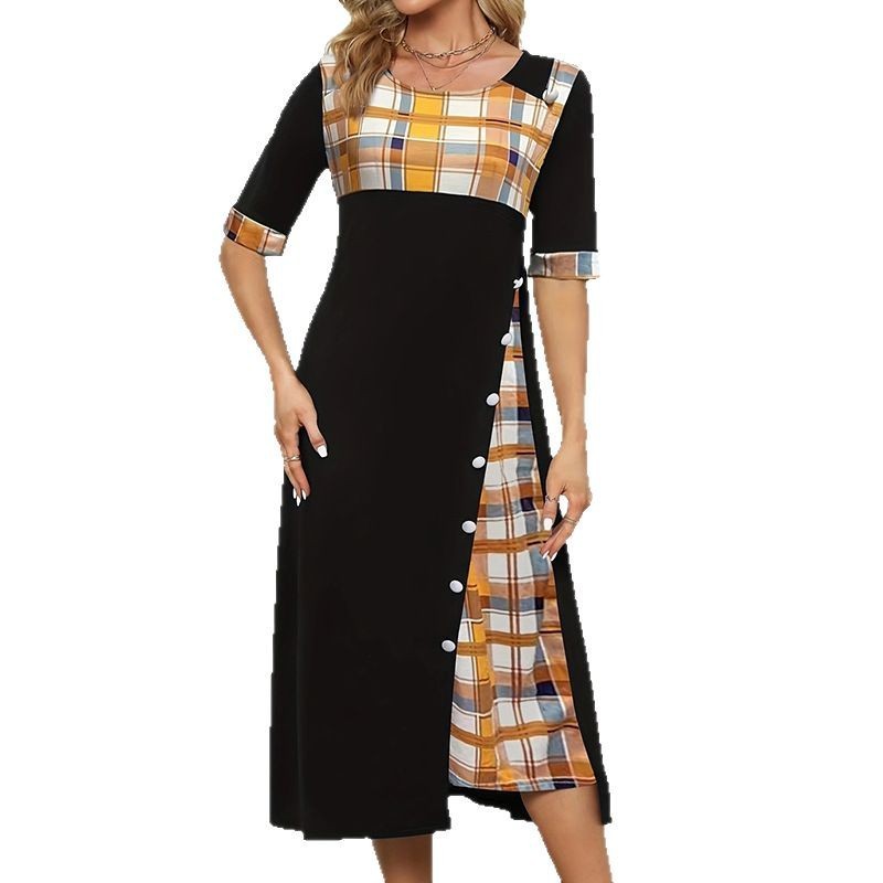 Round Neck Contrast Color Half Sleeve Irregular Long Dress